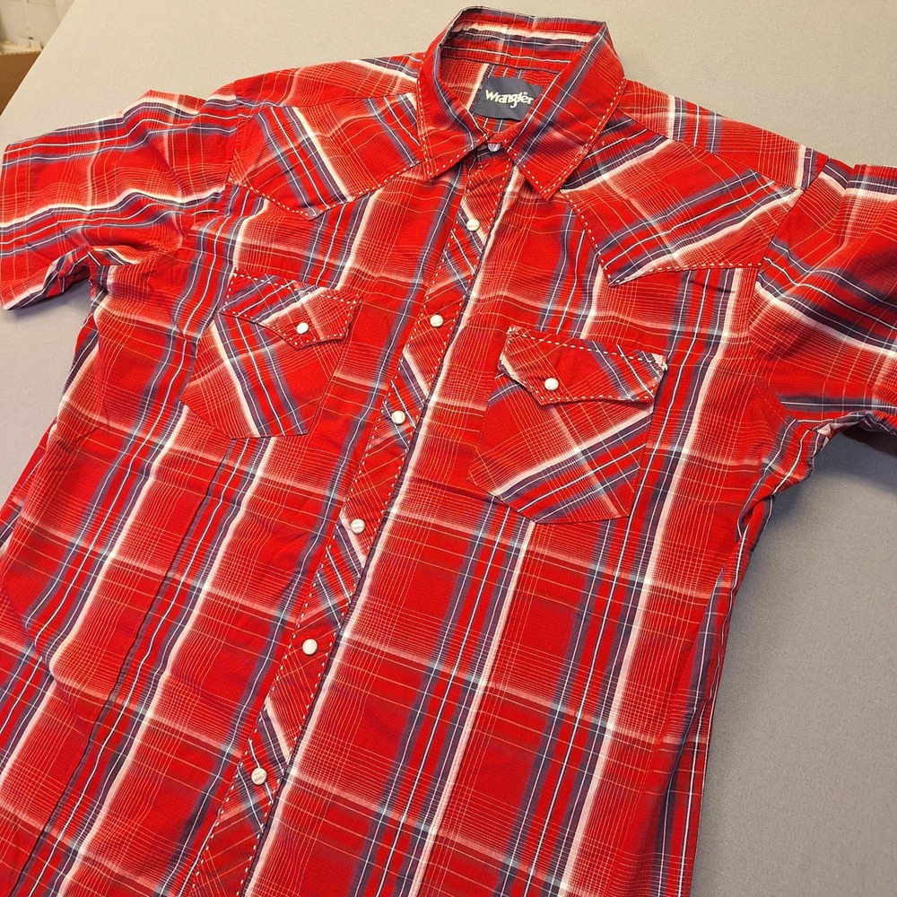 Wrangler Mens Red Plaid Short Sleeve Western Pearl Snap Shirt MVG318R L
